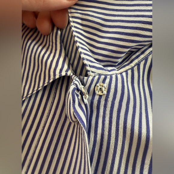 TESS-Vintage-Classic-Blue and White Stripe-Button Down-Blouse-100%-Silk-M - Picture 13 of 14